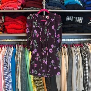 Calvin Klein purple floral print long sleeve pleated v neck mini dress size 0P